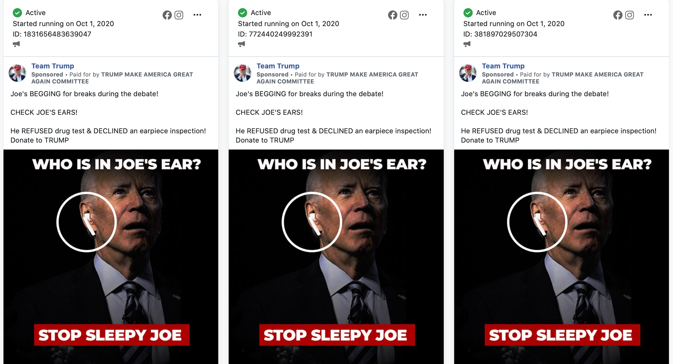 Trump campaign pushes Facebook ads promoting earpiece conspiracy